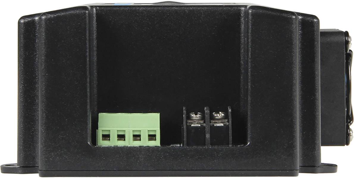 Černý elektrický modul se zeleným připojovacím blokem a dvěma šroubovými svorkami, pohled zepředu.