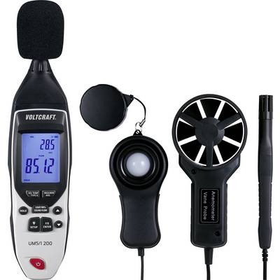 Voltcraft sada měřicích přístrojů pro prostředí se zvukoměrem, luxmetrem, anemometrem a teploměrem, na bílém pozadí.