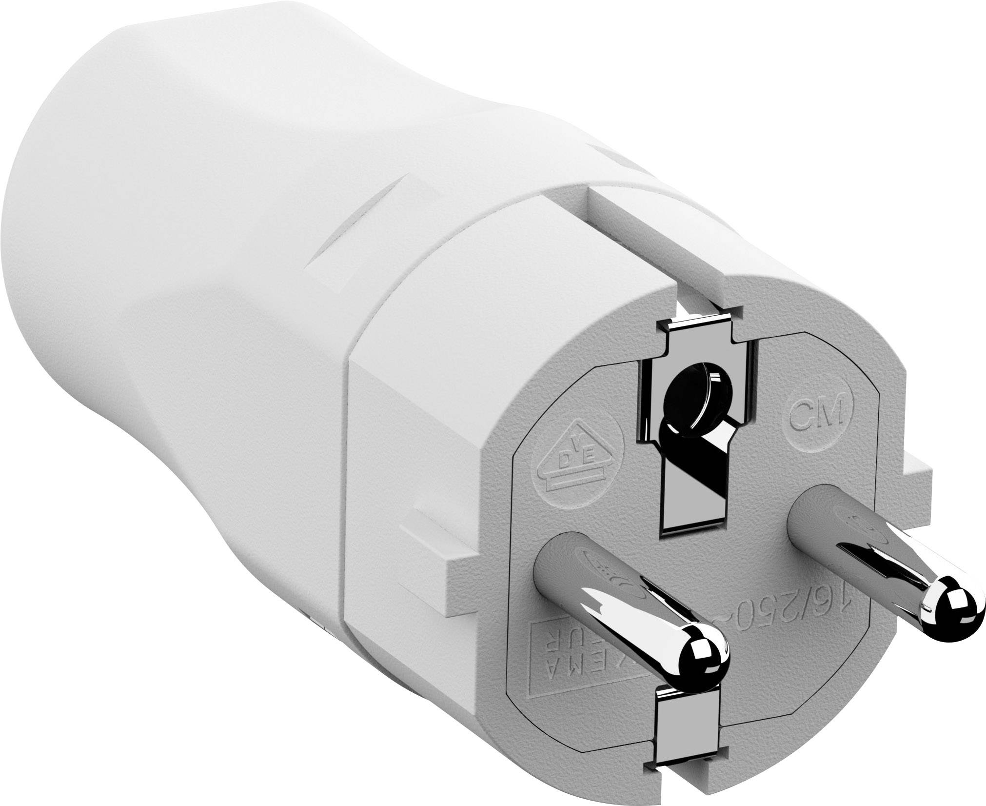 Bílá elektrická vidlice (typ Schuko) leží na boku. Má dva silné kovové kolíky a je vhodná pro evropské zásuvky.