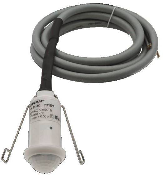 Šedý kabel s bílým válcovým senzorem, který slouží jako stropní pohybový senzor. Senzor má svorky a černý kabelový plášť.