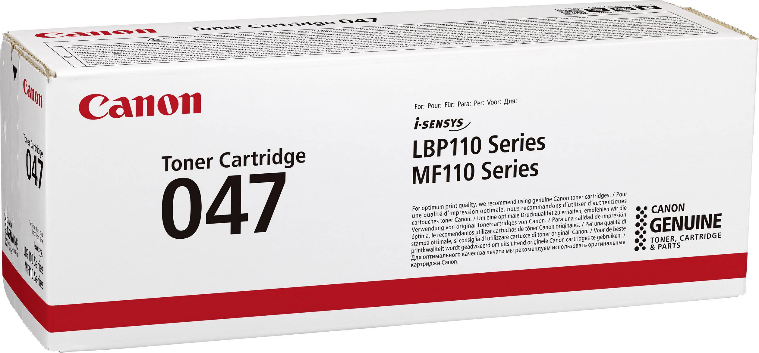 Kartonový obal tonerové kazety Canon 047 pro řady tiskáren i-SENSYS LBP110 a MF110. Obsahuje informace o kompatibilitě.