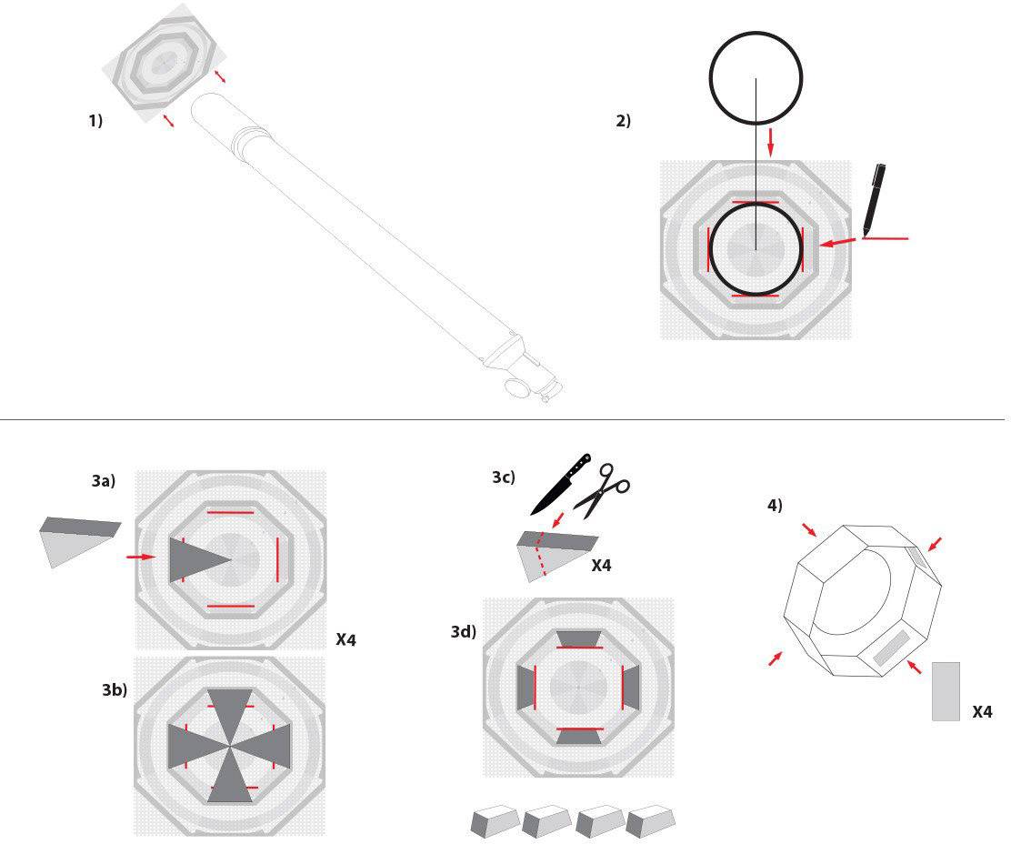 Diagram znázorňuje krok za krokem návod ke skládání a sestavení papírového tvaru s šestiúhelníkovou základnou a různými řezacími a skládacími značkami.