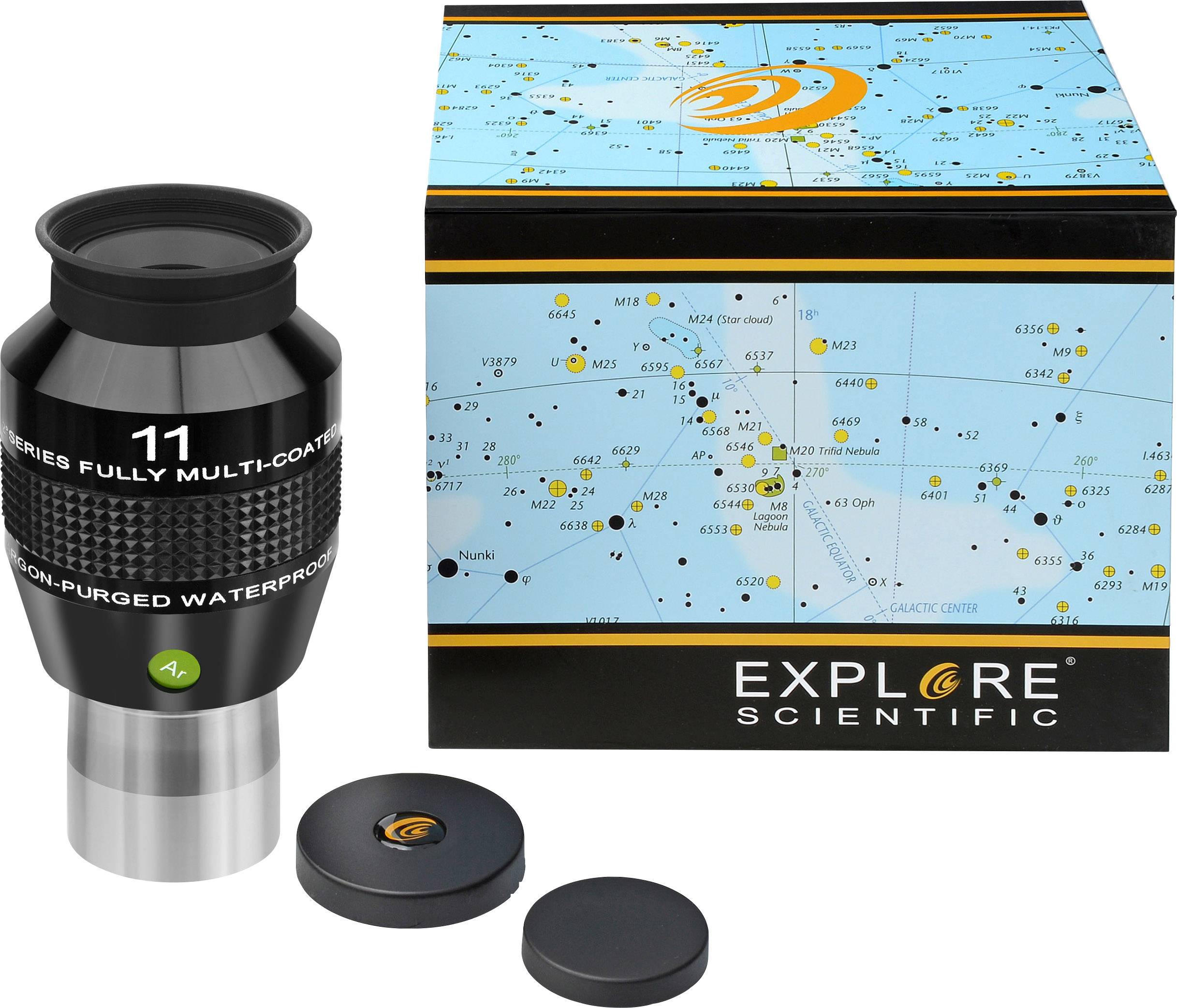 Teleskopový dalekohled a obal s hvězdnou mapou, značka 'Explore Scientific' dobře viditelná.