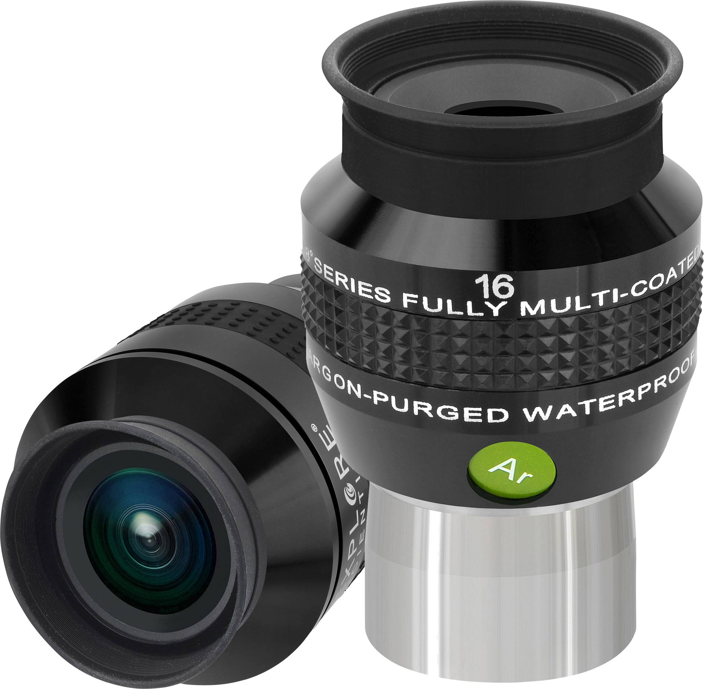 Dva černé okuláry s označením „Fully Multi-Coated" a „Nitrogen-Purged Waterproof". Jeden z okulárů ukazuje objektiv.