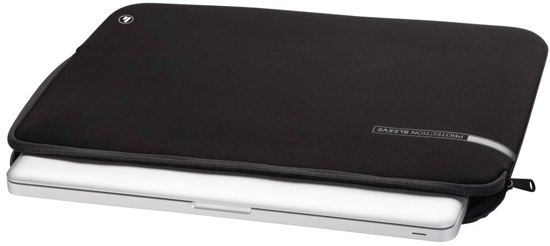 Černá laptopová brašna se zipem, částečně otevřená, ukazuje bílý notebook. Účel: ochrana a přeprava notebooku.