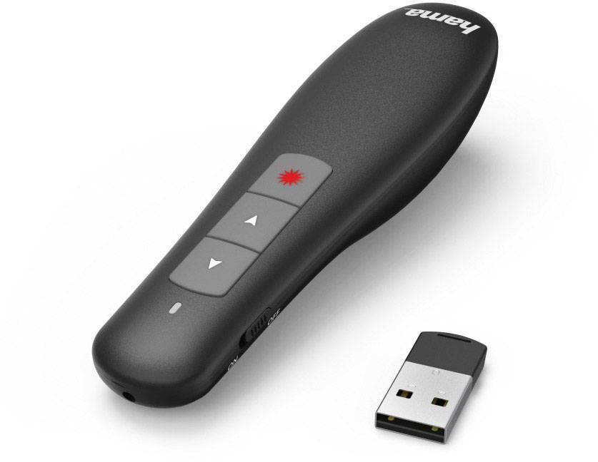 Bezdrátový prezentér v černé barvě s USB přijímačem. Tři tlačítka pro pohyb vpřed, vzad a aktivaci červeného laserového ukazovátka.