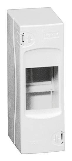 Bílé elektronické pouzdro se dvěma šrouby a průhledným okénkem uprostřed, určené pro umístění elektronických komponent.