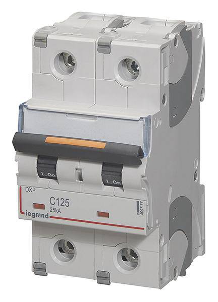 Dvoupólový jistič značky Legrand, model DX3 C125, 25kA, v šedém krytu s ovládacími pákami.
