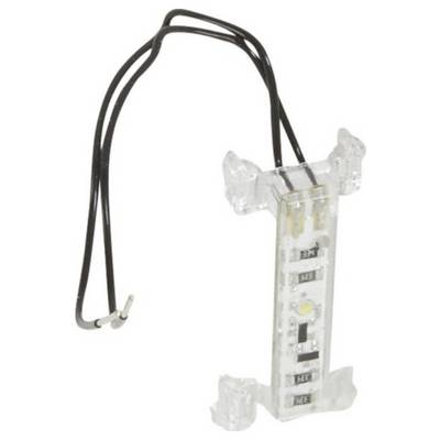 LED světelný modul s průhledným pouzdrem a dvěma černými připojovacími kabely.