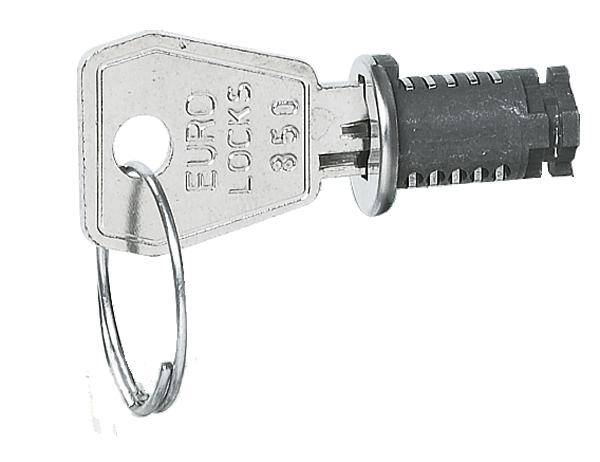 Stříbrný klíč je zasunutý do černého válcového zámku. Na klíči je napsáno 'EURO LOCKS 350'.