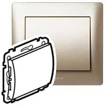 'Světelný spínač v béžové barvě s vedlejším nákresem řezu, který ukazuje vnitřní komponenty spínače.'