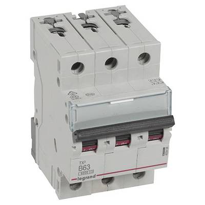 Třípólový výkonový jistič s označením 'B63'. Ideální pro jištění elektrických instalací v budovách.