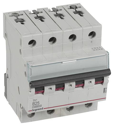 Čtyřpólový jistič v pouzdře, vhodný pro řízení elektroinstalací. Výrobce: Legrand.