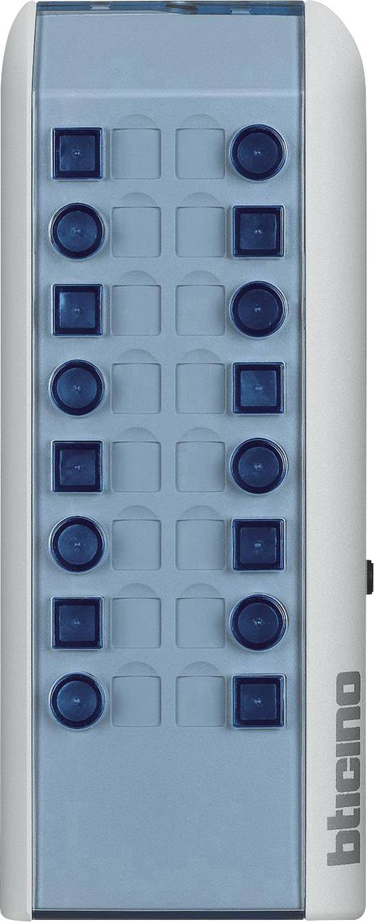 Šedé a modré elektronické zařízení s jedenácti tmavě modrými čtvercovými tlačítky, po straně označené nápisem 'bticino'.