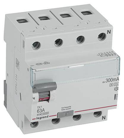 Spínač proudového chrániče 63 A a 300 mA. Mechanismus pro detekci a přerušení poruchových proudů.