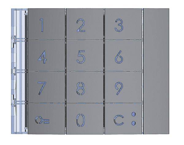 Elektronická klávesnice s čísly 1 až 9, 0 a symboly klíče a zvonku. Klávesy zvýrazněné modrými čarami.