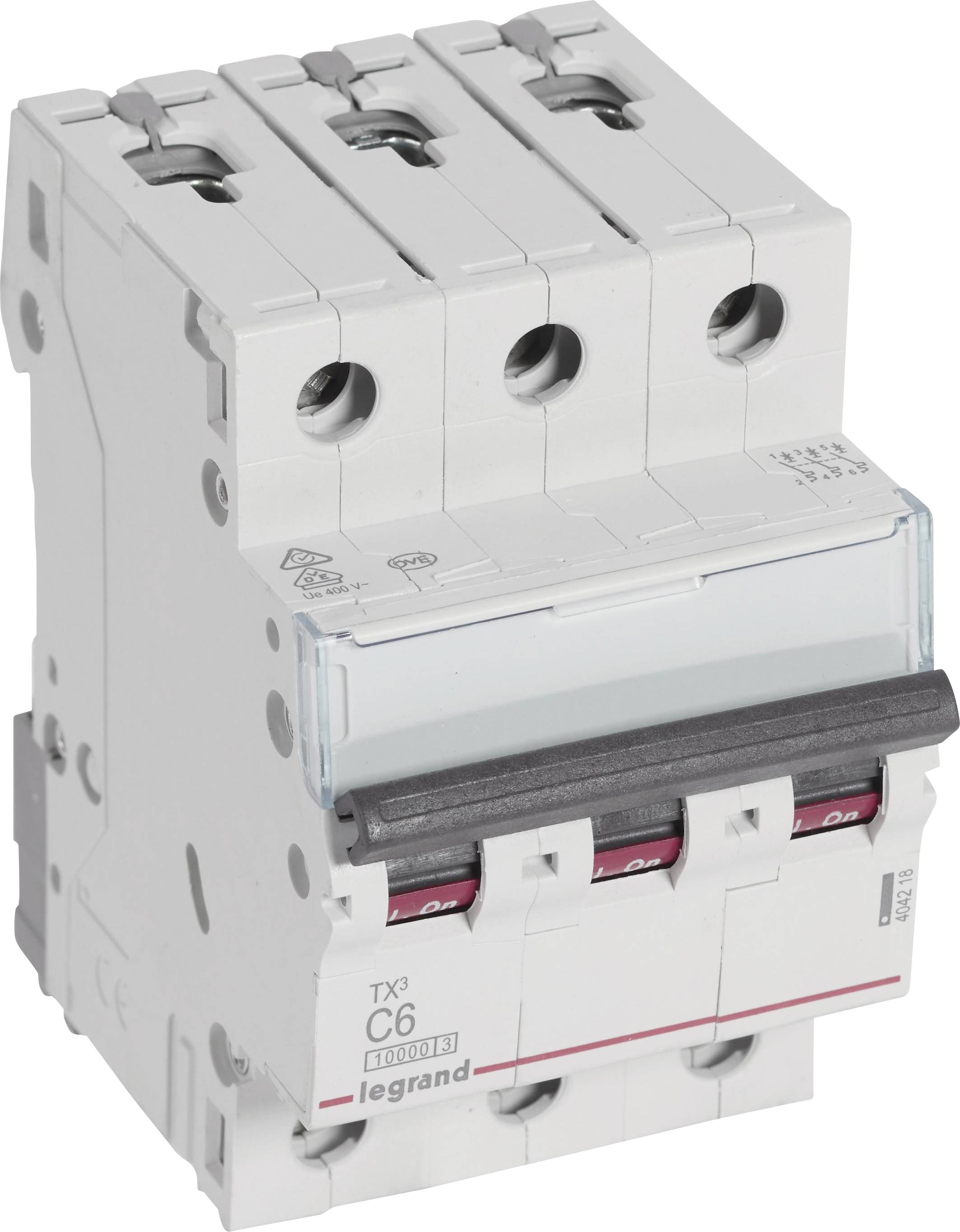Třípólový ochranný spínač značky Legrand, model TX3 C6, vhodný pro elektrickou ochranu v domácnostech i průmyslových zařízeních.