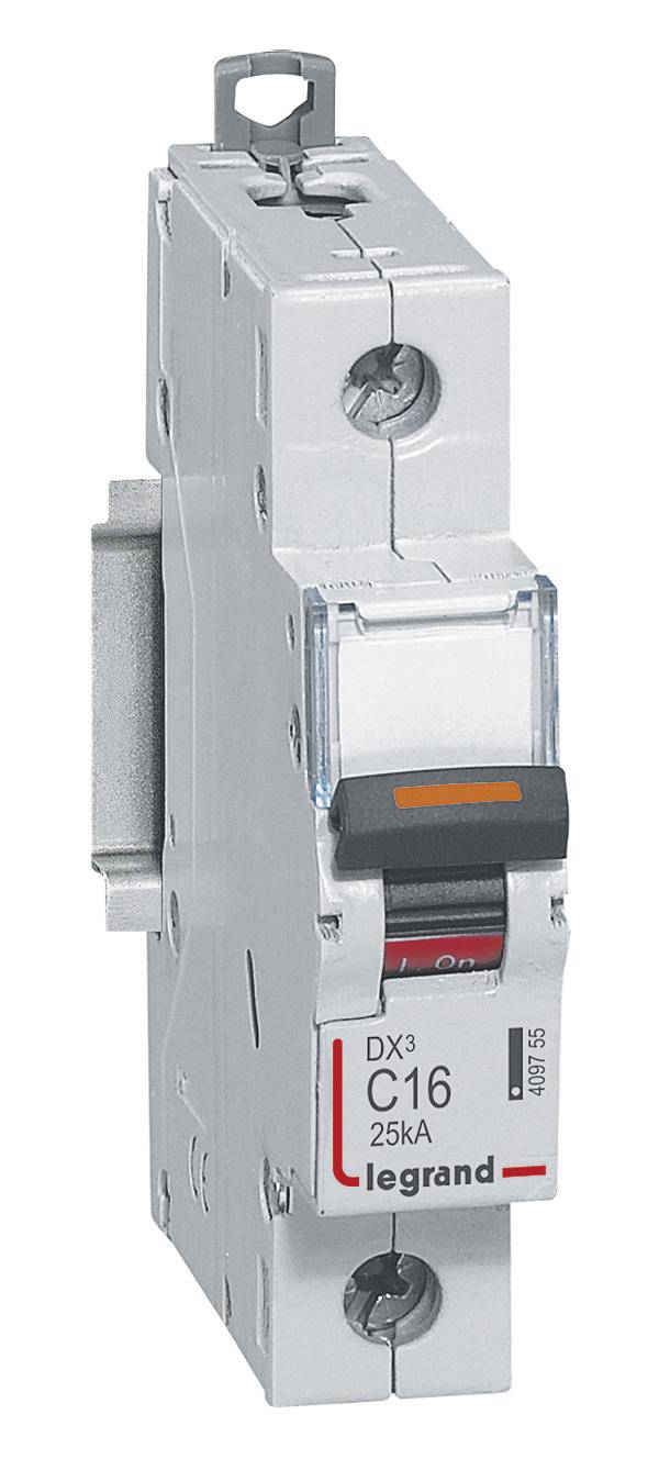 Jednopólový výkonový jistič Legrand, model DX3 C16 25kA, v světle šedém plastovém krytu.