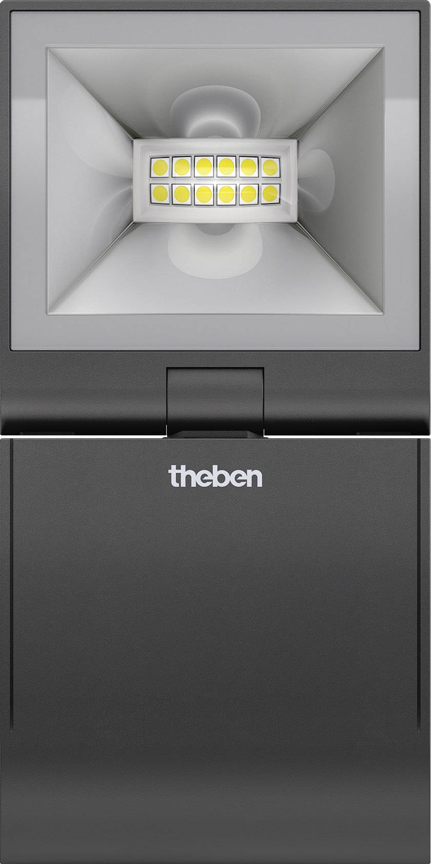 Černý LED reflektor od značky Theben s 12 žlutými LED světly, prezentovaný z čelního pohledu.