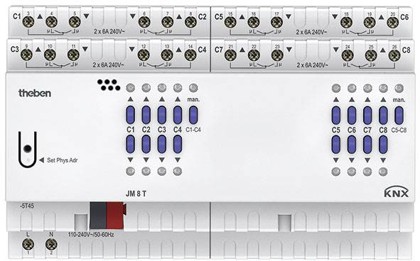 'Automat pro řízení elektrických obvodů s 8 kanály, označenými od C1 do C8, každý s výkonem 2x 6A při 240V, kompatibilní s KNX.'