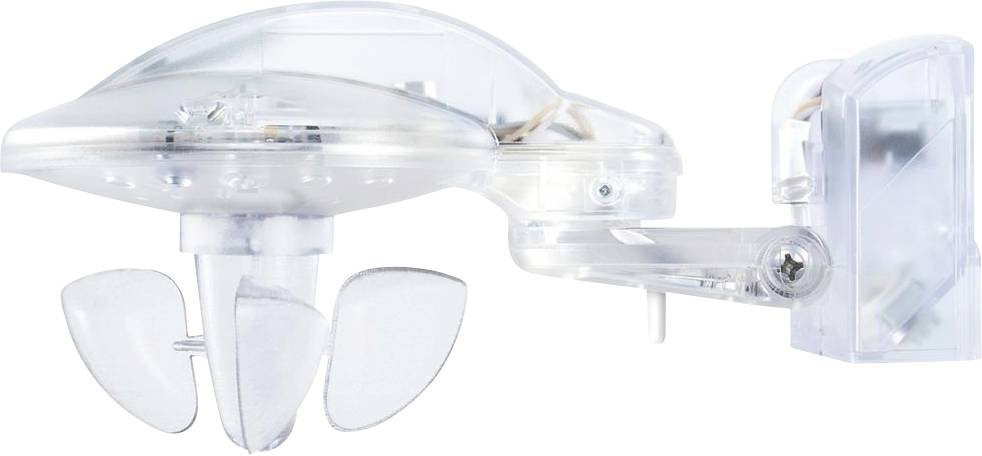 Průhledný, moderní ventilátor se třemi lehce zahnutými rotačními listy a externím, oddáleným krytem vpravo.