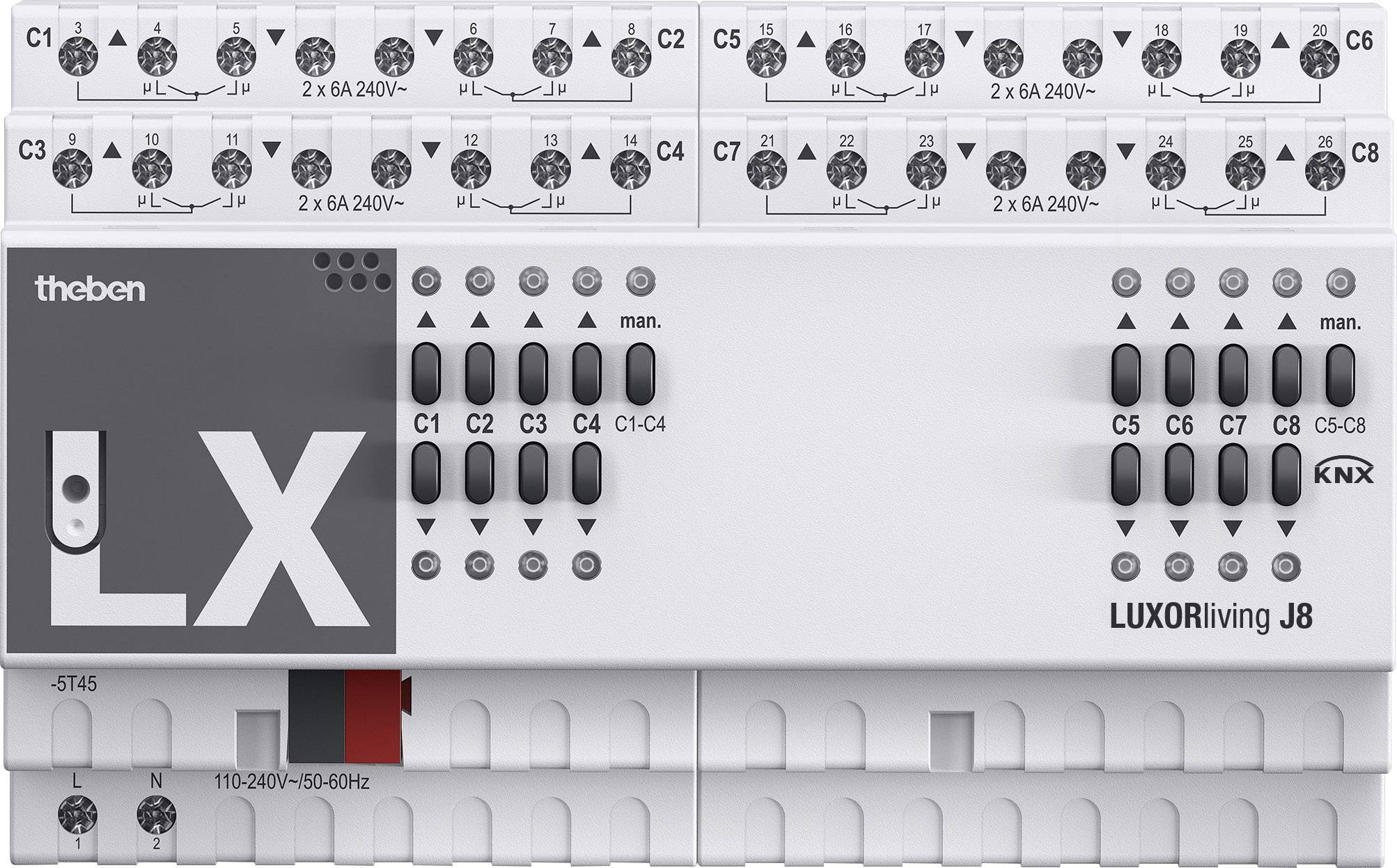 'Theben LUXORliving J8 modul s KNX označením, spínačem a instalačními vlastnostmi pro domácí automatizaci.'