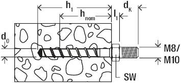 Technický výkres kotevního šroubu zabudovaného do betonu. Jsou vyznačeny rozměry a označení závitu a vrtání.