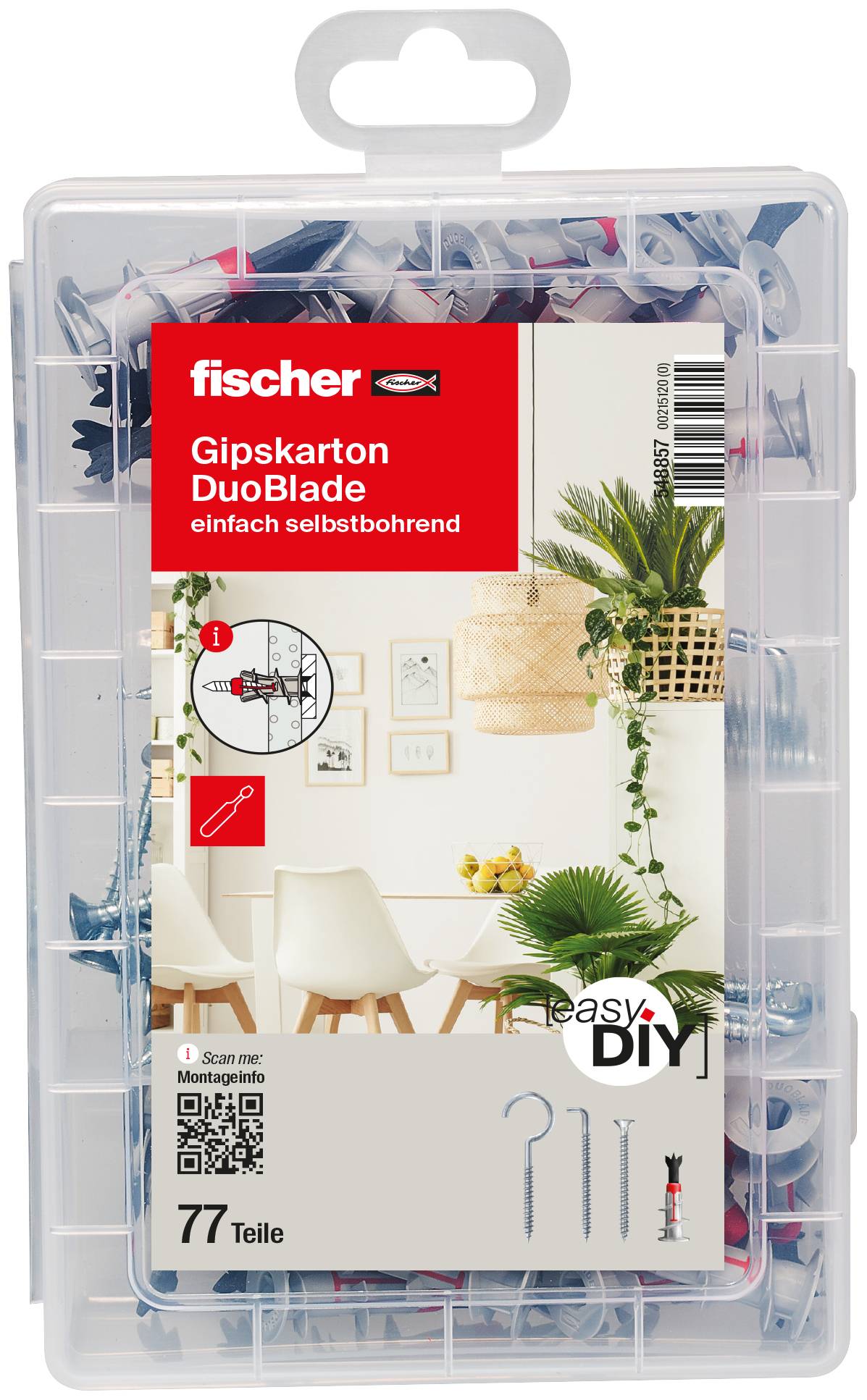 Průhledný plastový organizační box s hmoždičkami do sádrokartonu Fischer 'Gipskarton DuoBlade', označené 'einfach selbstbohrend,' 77 kusů.