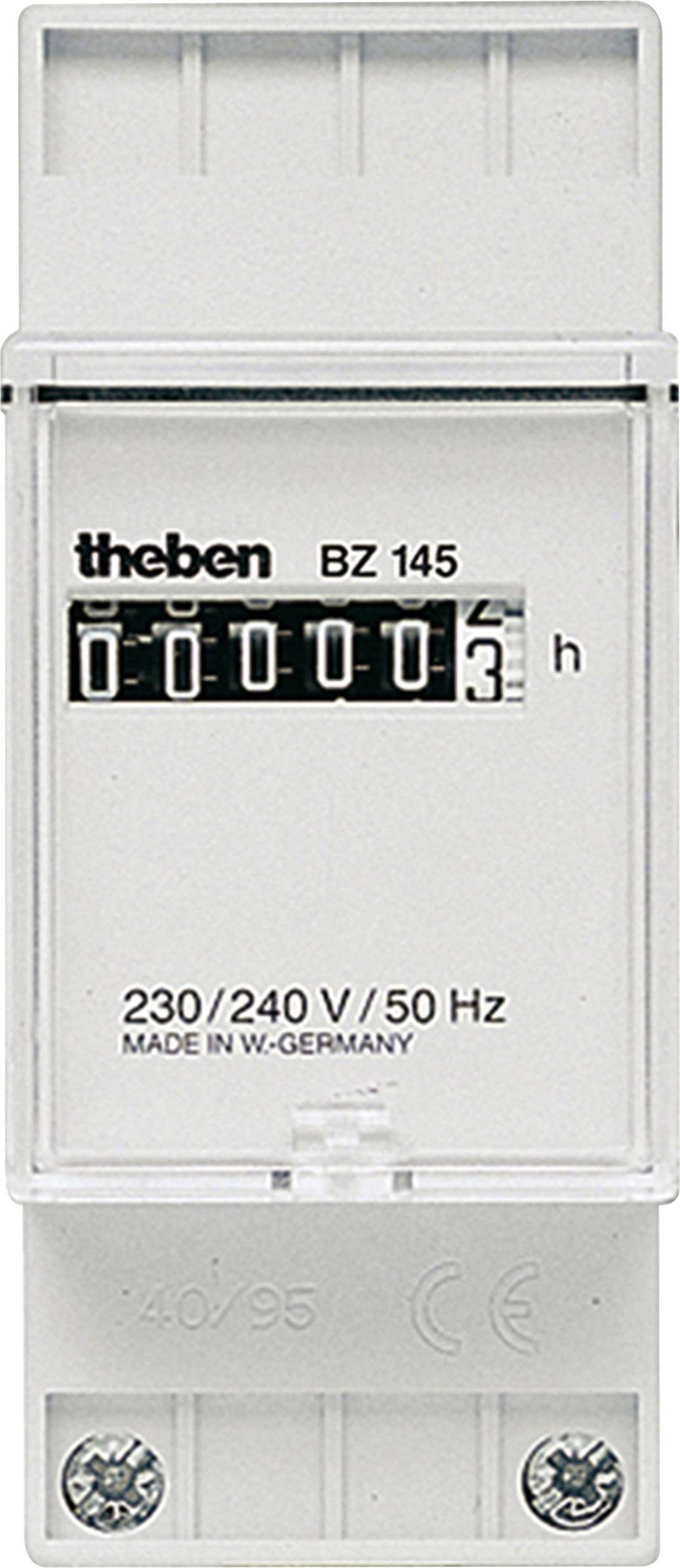 Elektroměr s nápisem 'theben BZ 145', ukazuje '00003' hodiny. Napětí: 230/240 V, frekvence: 50 Hz, vyrobeno v Německu.