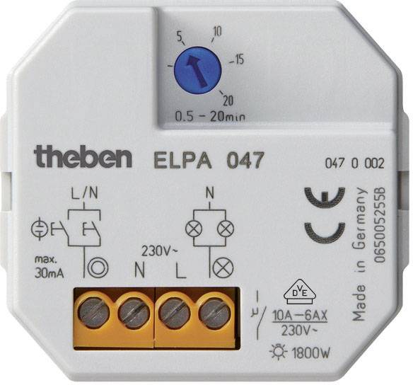Hodiny Theben ELPA 047 pro nástěnnou montáž. Zobrazuje technické parametry, jako je maximální proudová zatížitelnost 10A a napětí 230V.