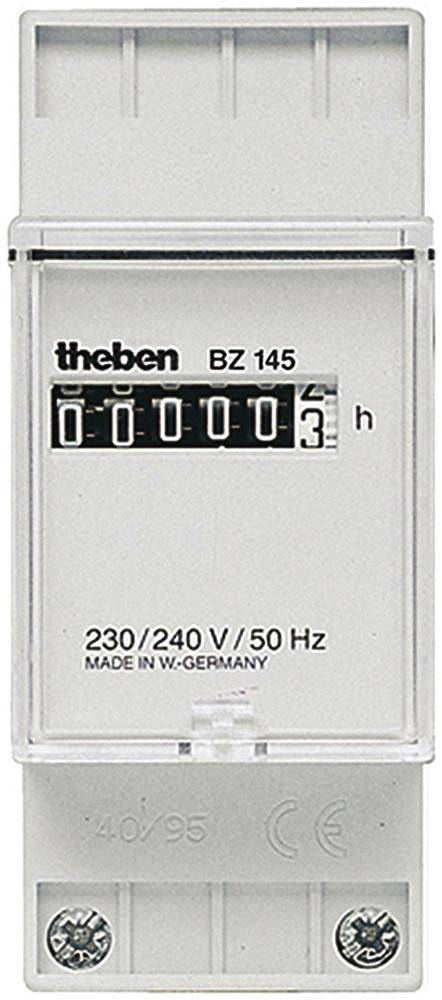 Analogový počítač provozních hodin, značka Theben. Zobrazení: 00003 hodiny. Napětí: 230/240 V, 50 Hz. Vyrobeno v SRN.