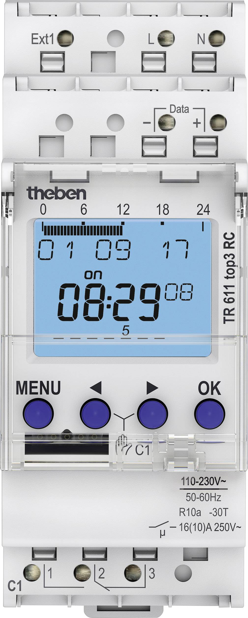 Digitální spínací hodiny s LCD displejem, zobrazující datum a čas. Tlačítka: 'MENU', 'OK'. Model: TR 611 top3 RC. Výrobce: theben.