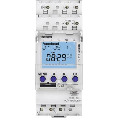 Digitální spínací hodiny s LCD displejem, zobrazující datum a čas. Tlačítka: 'MENU', 'OK'. Model: TR 611 top3 RC. Výrobce: theben.
