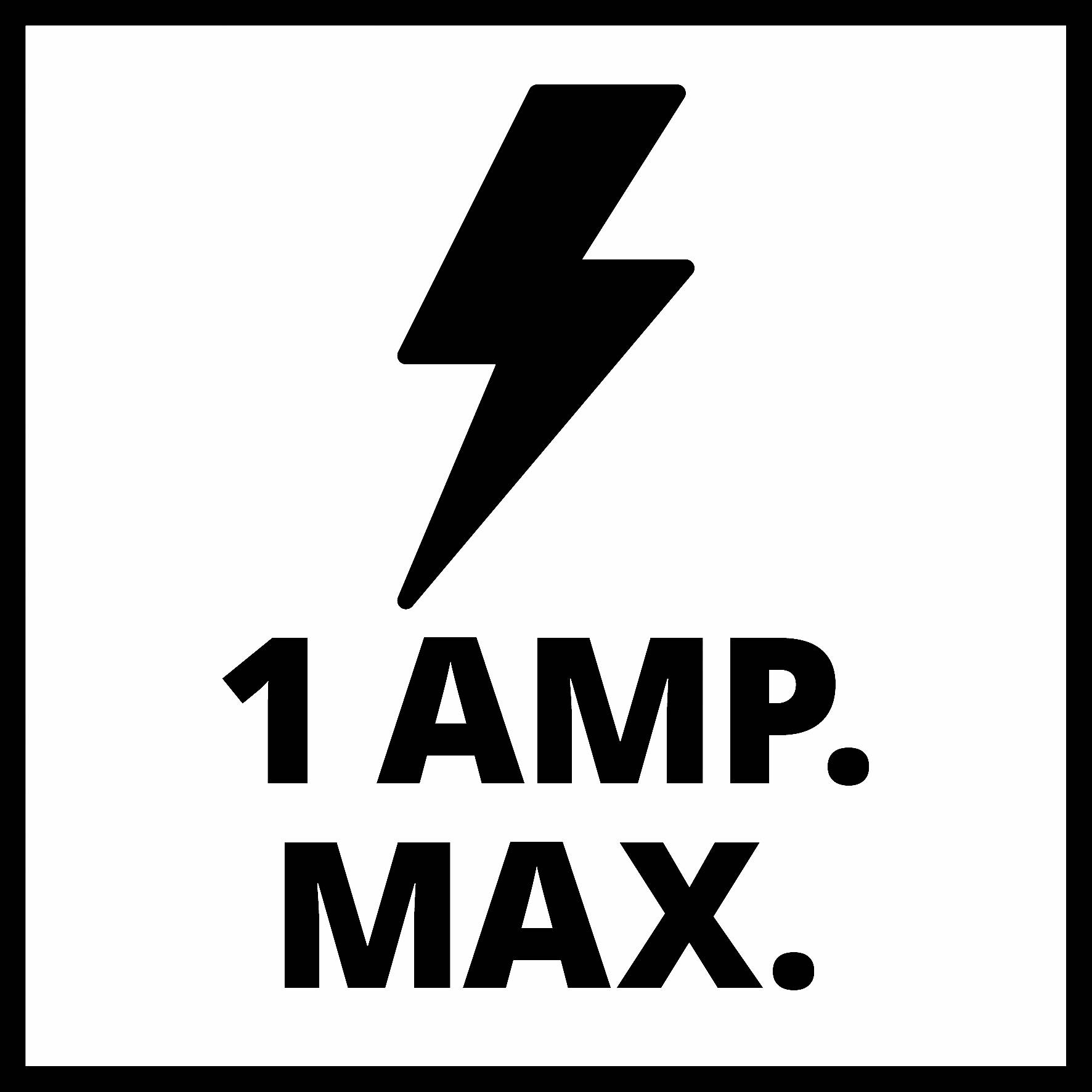 "1 AMP MAX." pod bleskem, který signalizuje elektrické varování nebo maximální omezení proudové intenzity.
