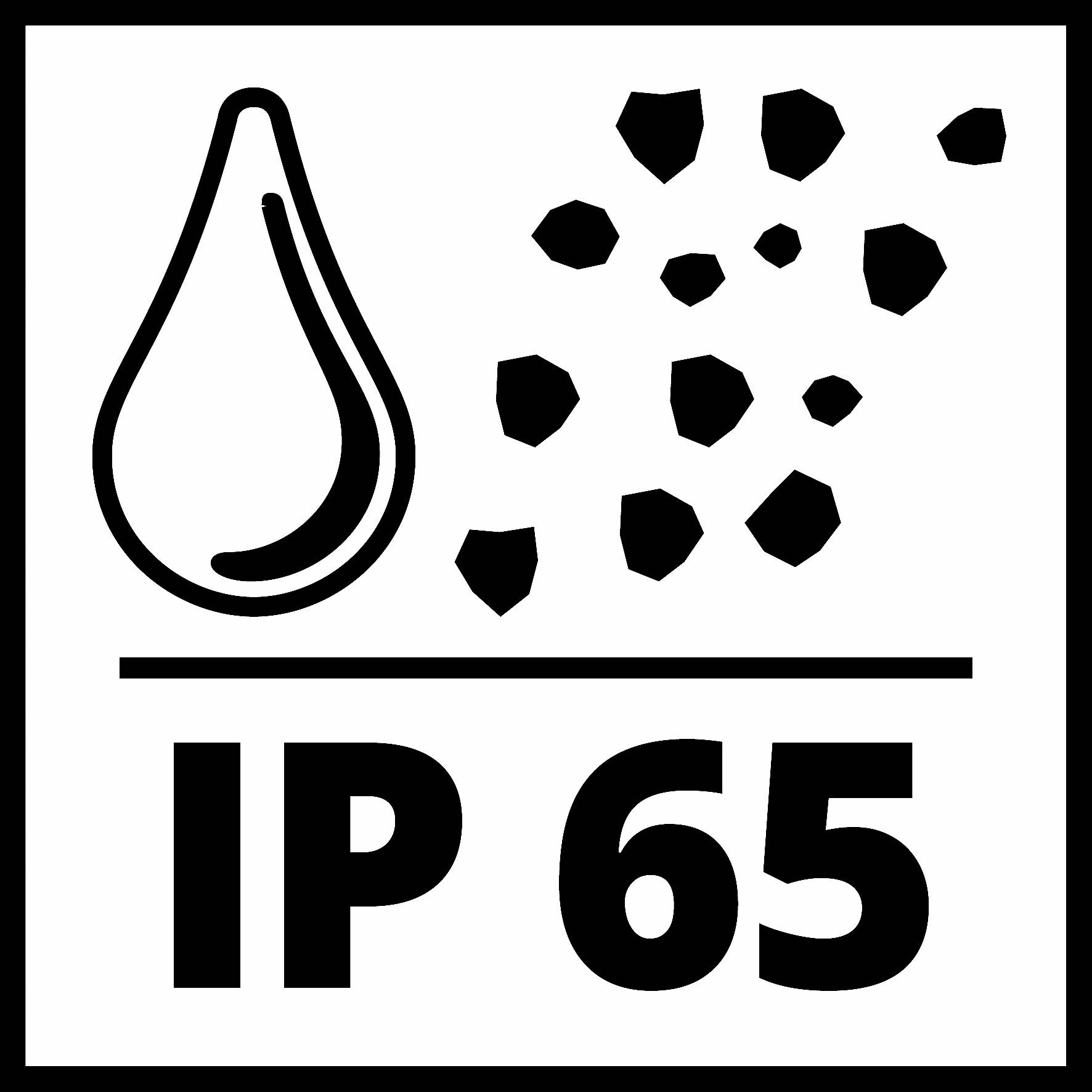 Symbol 'IP 65' indikuje ochranu proti vnikání vody a prachu. Vlevo kapky, vpravo prachové částice.