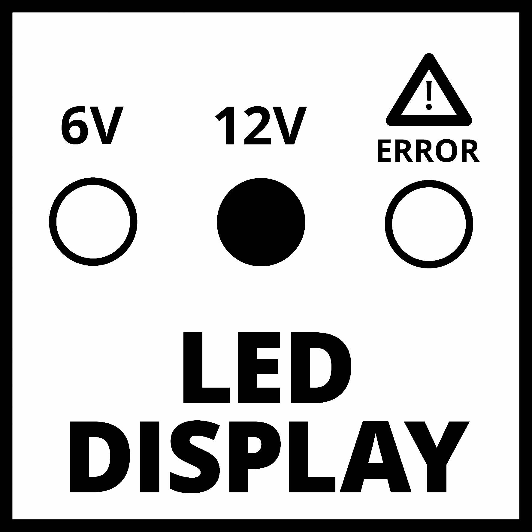 LED displej se třemi kruhy: vlevo '6V', uprostřed '12V', vpravo 'CHYBA' s výstražným symbolem. Prostřední kruh je vyplněný.