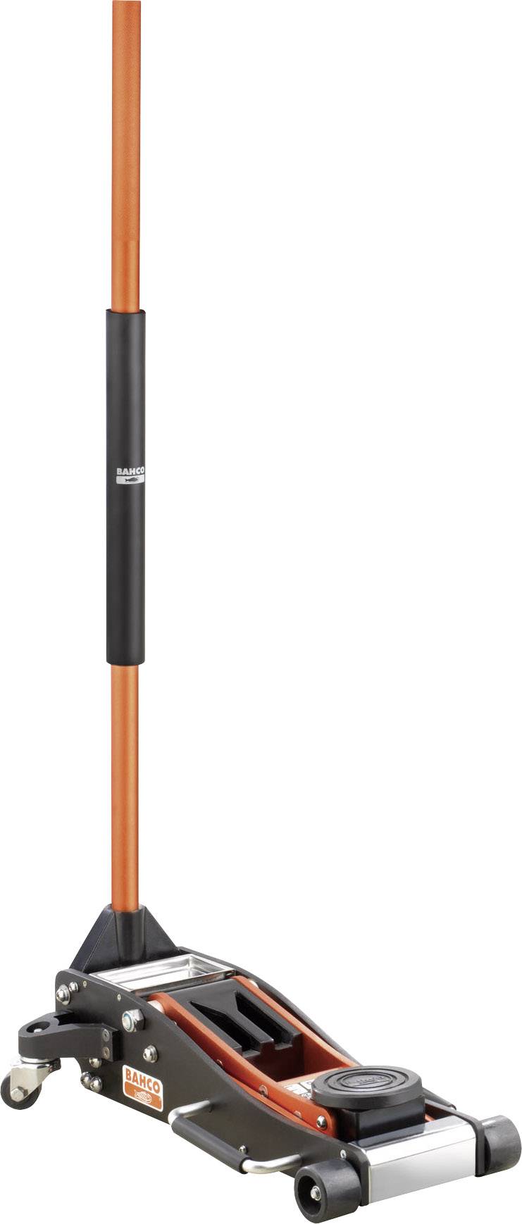 Hydraulický zvedák s dlouhou rukojetí, designovaný v oranžerno-černém provedení. Vhodný pro zvedání vozidel v autoservisech.
