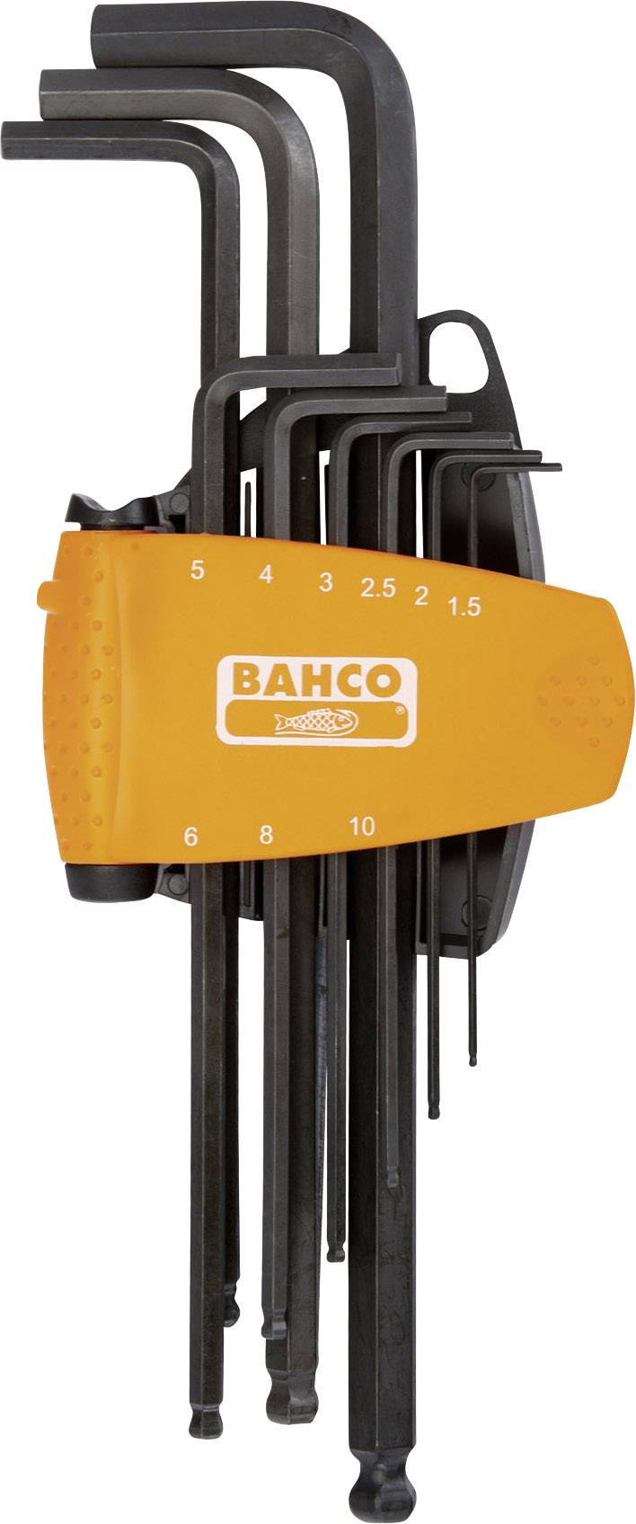 Sada devíti černých imbus klíčů značky Bahco v oranžovém držáku, číslovaných od 1,5 do 10.