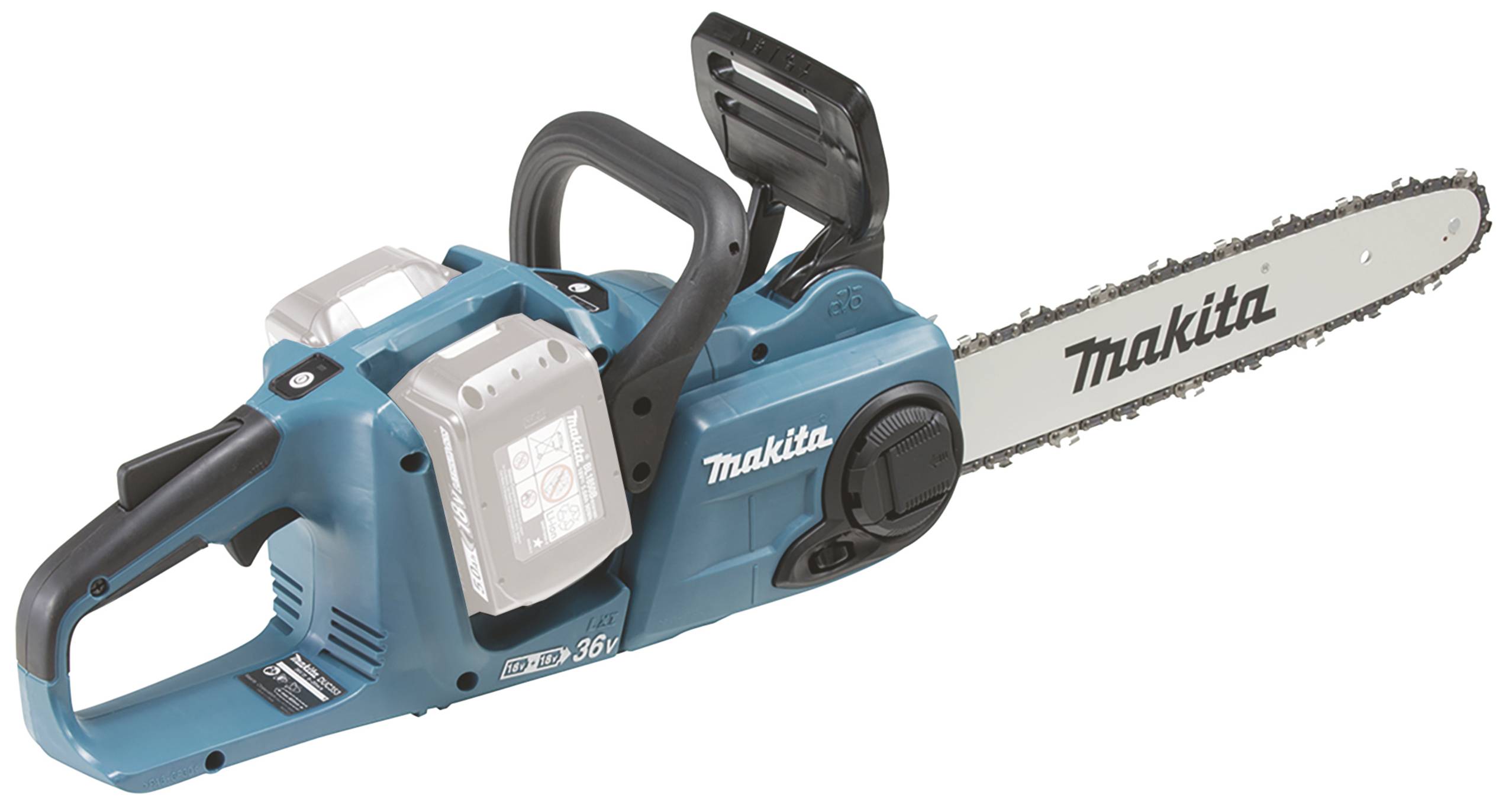 Modrá elektrická řetězová pila značky 'Makita' s řetězem. Má průhlednou baterii a černý design rukojeti.