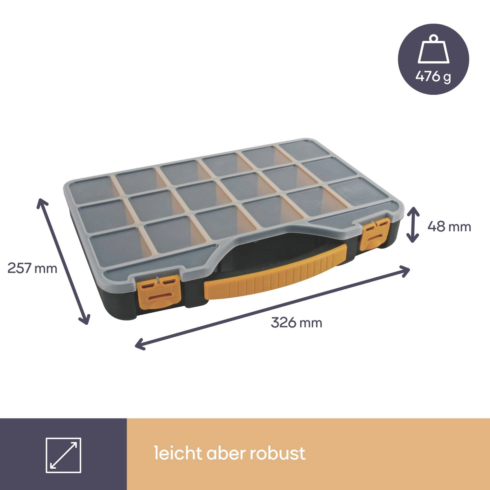 Organizér s 18 přihrádkami, rozměry: 257 mm x 326 mm x 48 mm, hmotnost: 476 g. Design je lehký, ale odolný.