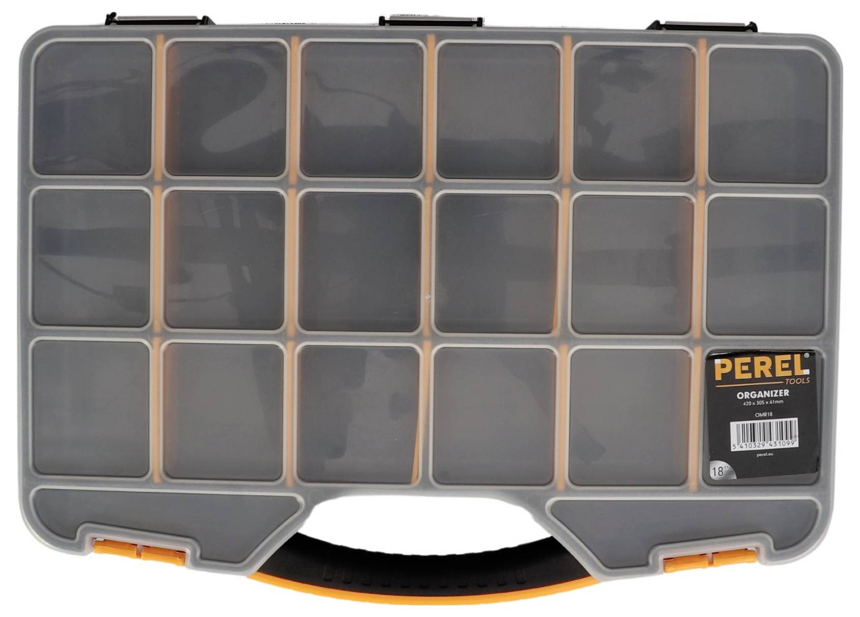 Průhledný úložný box s 18 přihrádkami, šedým rámem a oranžovou rukojetí. Značka 'Perel'. Ideální pro drobné předměty.
