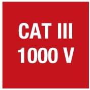 Nápis 'CAT III 1000 V' je černým písmem na šedém pozadí.