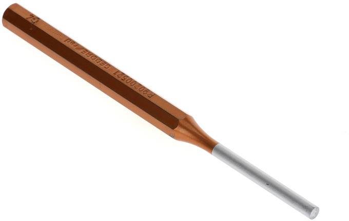 Oranžový šestihranný nástroj se stříbrným hrotem, pravděpodobně šroubovák nebo sekáč, umístěný na bílém pozadí.