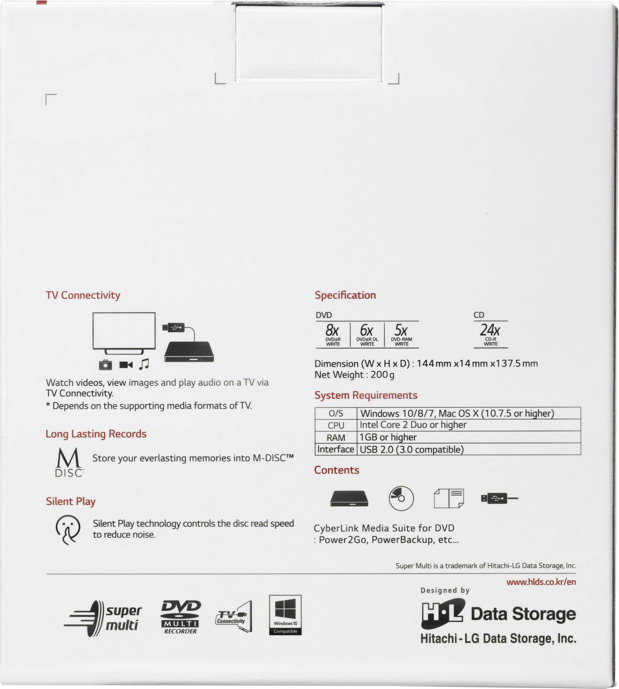 Obal externího DVD mechaniky. Zobrazuje specifikace: rychlosti zápisu, systémové požadavky, možnosti připojení a podporu TV konektivity.