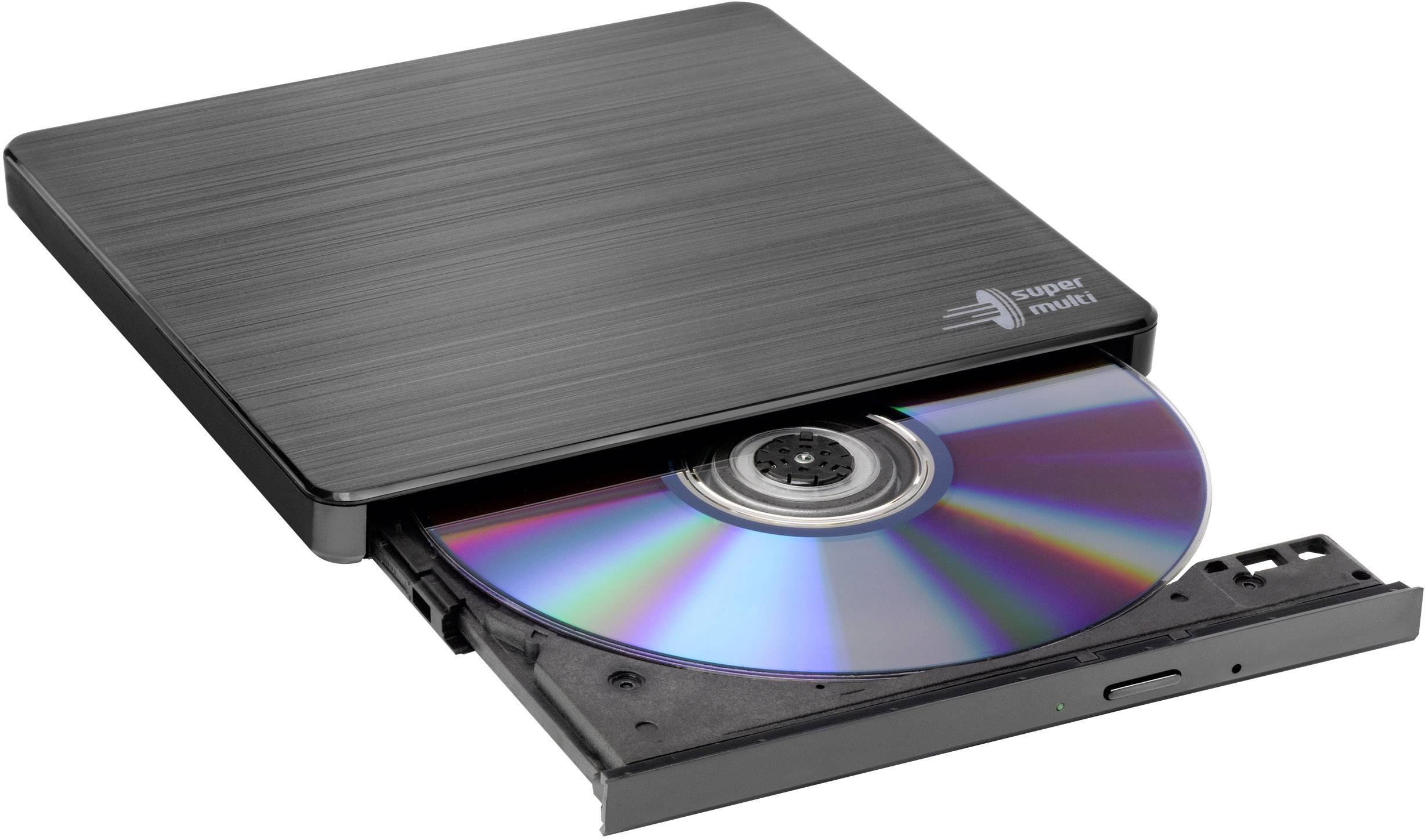 Externí CD/DVD mechanika s otevřenou zásuvkou a vloženým diskem. Pouzdro je černé s kartáčovaným povrchem.