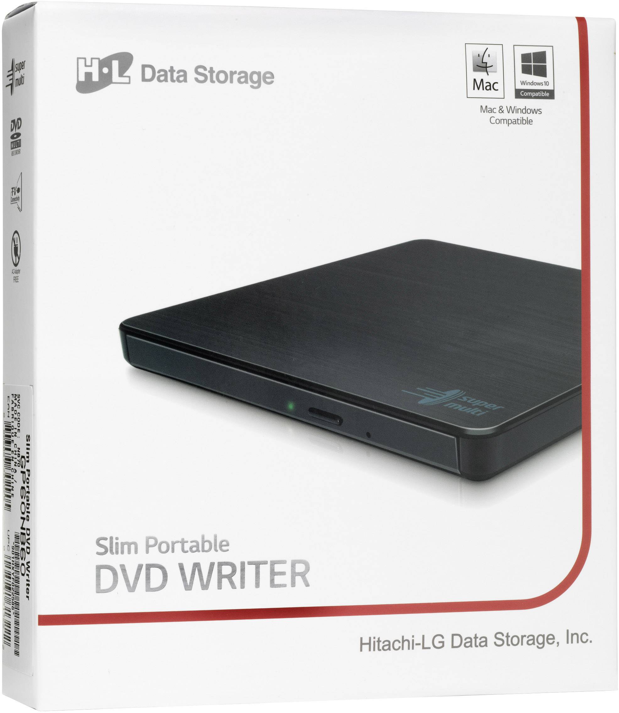 Obal externího DVD vypalovače značky 'HL Data Storage'. Kompatibilní s Mac a Windows, štíhlý, přenosný design.