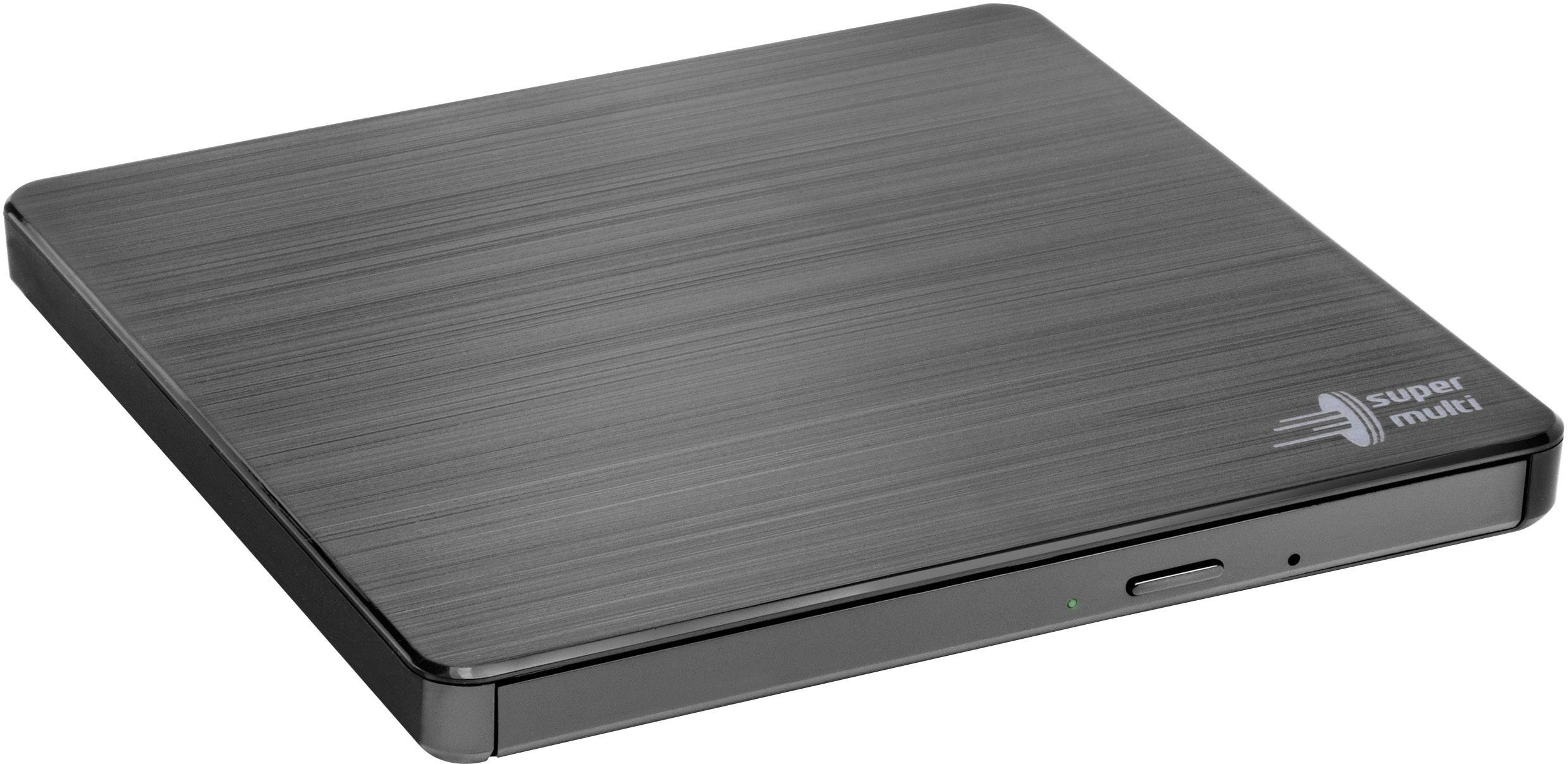 Plochá černá externí DVD mechanika s kovovým povrchem a nápisem 'super multi' v rohu.