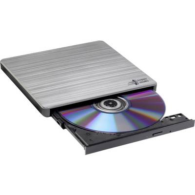 Externí vypalovačka CD/DVD stříbrné barvy s diskem částečně vysunutým z mechaniky.
