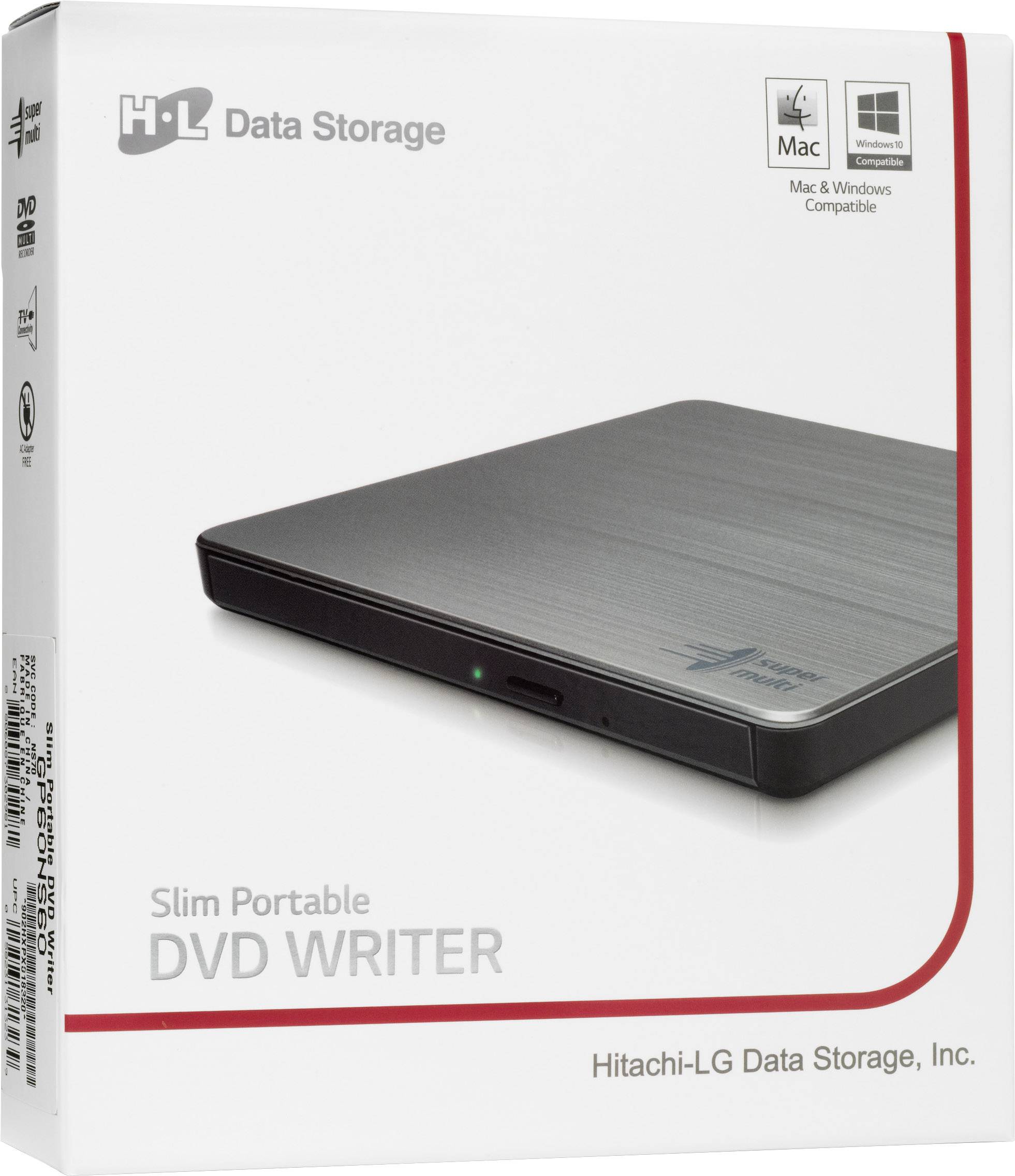 Obal pro štíhlou, přenosnou DVD vypalovačku od Hitachi-LG, kompatibilní s Mac i Windows.