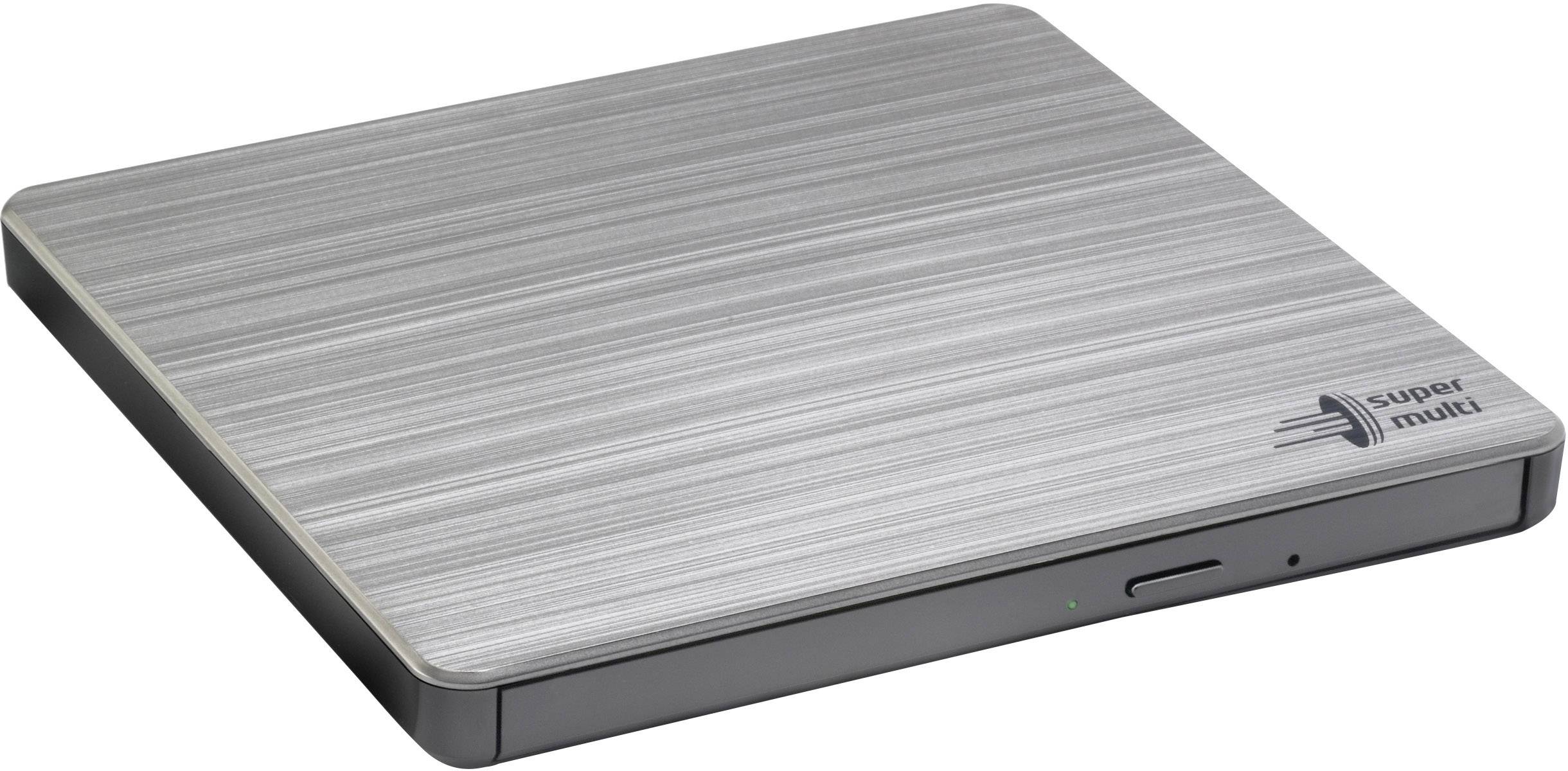 Externí DVD mechanika stříbrné barvy s hladkým povrchem, označená nápisem 'Super Multi'. Vhodná pro přehrávání médií v počítači.